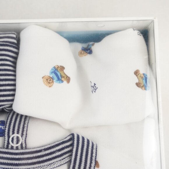 Ralph Lauren Polo Baby Onesie, Bib & Beanie Gift Set in White/Blue Size 9M - NWT - Picture 6 of 9